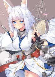 Rule 34 | 1girl, absurdres, anchor, armpits, artist name, azur lane, bad id, bad pixiv id, bare shoulders, blue eyes, breasts, cannon, chain, commentary request, detached sleeves, fox shadow puppet, gloves, highres, japanese clothes, kaga (azur lane), kaga (battleship) (azur lane), large breasts, looking at viewer, medium hair, mushpz, rigging, short hair, simple background, smile, solo, white hair