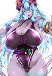 Rule 34 | 1girl, absurdres, bare shoulders, belt, black one-piece swimsuit, blue hair, blush, body markings, breasts, cleavage, closed eyes, collarbone, colored skin, covered navel, dark-skinned female, dark skin, earrings, fate/grand order, fate (series), grey skin, hair between eyes, highleg, highleg swimsuit, highres, horns, huge breasts, ibuki douji (fate), ibuki douji (swimsuit berserker) (fate), jewelry, long hair, magatama, multicolored hair, one-piece swimsuit, oni, oni horns, open mouth, pink hair, pink one-piece swimsuit, pointy ears, ponytail, sideboob, sidelocks, smile, solo, swimsuit, thick thighs, thighs, tsukasawa takamatsu, two-tone swimsuit