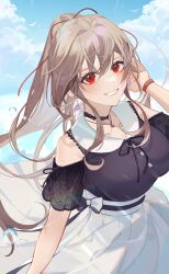 Rule 34 | 1girl, absurdres, arms behind head, artist name, bare shoulders, black choker, black shirt, blush, bracelet, breasts, brown hair, buttons, choker, cloud, earrings, furen e lustario, hair between eyes, highres, jewelry, lace, lace trim, large breasts, long hair, looking at viewer, necklace, nijisanji, ponytail, red eyes, red ribbon, ribbon, shirt, signature, sirom, skirt, smile, solo, star (symbol), star necklace, very long hair, virtual youtuber, white skirt