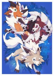 Rule 34 | absurdres, blue background, blue eyes, border, claws, closed mouth, commentary request, creatures (company), fangs, fangs out, game freak, gen 7 pokemon, green eyes, highres, kechon-san, looking at viewer, lycanroc, lycanroc (dusk), lycanroc (midday), lycanroc (midnight), nintendo, no humans, one eye covered, open mouth, outside border, pokemon, pokemon (creature), red eyes, sharp teeth, simple background, sparkle, spikes, teeth, tongue, v-shaped eyebrows, white border