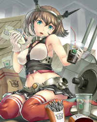 Rule 34 | 10s, 1girl, armpits, breasts, brown hair, covered erect nipples, eating, food, green eyes, hi-ho-, kantai collection, large breasts, looking at viewer, midriff, miniskirt, mutsu (kancolle), navel, personification, red thighhighs, short hair, sitting, skirt, smile, solo, thighhighs, wariza