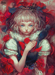 Rule 34 | 1girl, alternate hair color, animal, animal on shoulder, artist name, bird, bird on shoulder, blonde hair, blue eyes, bow, cirno, crown, dress, embellished costume, expressionless, eyelashes, floral background, flower, fur collar, hair bow, hand on own chest, lips, looking at viewer, pointy ears, puffy short sleeves, puffy sleeves, red rose, rose, short hair, short sleeves, snake (pixiv20852572), solo, touhou, upper body