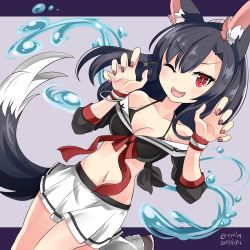 Rule 34 | 1girl, ;d, animal ear fluff, animal ears, azur lane, black hair, black shirt, blouse, breasts, bright pupils, claw pose, cleavage, collarbone, commentary request, dated, fang, hebitsukai-san, highres, hydrokinesis, kneehighs, large tail, letterboxed, long hair, looking at viewer, miniskirt, nail polish, navel, one eye closed, open mouth, pleated skirt, ponytail, red eyes, school uniform, serafuku, shigure (azur lane), shirt, skirt, smile, socks, solo, standing, standing on one leg, stomach, tail, v-shaped eyebrows, water, water drop, white socks, wolf ears, wolf tail, wristband