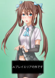 Rule 34 | 1girl, anti (untea9), arm warmers, asagumo (kancolle), ascot, bike shorts, blue ascot, brown hair, censored, clothes lift, commentary request, gradient background, green background, grey eyes, grey skirt, hair ribbon, highres, kantai collection, long hair, navel, outside of play area, pleated skirt, pointless censoring, ribbon, shirt, shorts, shorts under skirt, skirt, skirt lift, solo, suspender skirt, suspenders, twintails, white shirt