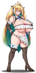 Rule 34 | + +, 1girl, :o, absurdres, between breasts, bikini, black thighhighs, blonde hair, blush, breasts, cho!cho!, cleavage, clipboard, colored inner hair, elbow gloves, elf, elven forest maker, frills, gloves, green eyes, green hair, high heels, highres, huge breasts, last origin, maid, maid bikini, maid headdress, multicolored hair, navel, necktie, necktie between breasts, no panties, pointy ears, sarong, short twintails, shrug (clothing), simple background, solo, swimsuit, thighhighs, twintails, unconventional maid, underboob, waitress, white background