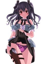 Rule 34 | 1girl, absurdres, angry, bare shoulders, belly, black hair, breasts, cleavage, clothes lift, collar, commission, cuffs, dress, frown, gown, gun, highres, long hair, medium breasts, midriff, neptune (series), panties, pants, pixiv commission, provoked, red eyes, ribbon, skirt, skirt lift, small breasts, solo, thighs, tsundere, twintails, two side up, u898bu5982u6708u305bu3064, underwear, uni (neptunia), weapon, white background