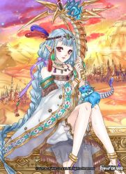 Rule 34 | 1girl, banamons, bare shoulders, blue hair, braid, circlet, cloud, cloudy sky, copyright name, dragon, feathers, force of will, horns, jewelry, long hair, mountain, necklace, official art, pink eyes, pointy ears, sandals, sitting, sky, solo, twin braids, very long hair
