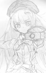 Rule 34 | 1girl, breasts, closed mouth, collared shirt, frown, goddess of victory: nikke, greyscale, gun, hair ornament, hat, highres, holding, holding weapon, jacket, long hair, mentsuyu1mosya, military hat, military jacket, monochrome, open clothes, open jacket, peaked cap, shirt, sidelocks, simple background, sketch, skirt, small breasts, soline (nikke), solo, submachine gun, untucked shirt, very long hair, weapon, white background