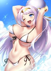 Rule 34 | 1girl, ;d, alternate costume, armpits, arms up, ball, beachball, bikini, blush, bouncing breasts, breasts, collarbone, commentary request, commission, cowboy shot, curvy, day, diamond (houseki hime), eyelashes, floating hair, flower, front-tie bikini top, front-tie top, glint, hair flower, hair ornament, happy, head tilt, headpiece, holding, holding ball, holding beachball, houseki hime, large breasts, light purple hair, long hair, motion blur, navel, one eye closed, open mouth, outdoors, red flower, side-tie bikini bottom, skeb commission, skindentation, smile, solo, standing, stomach, straight hair, swept bangs, swimsuit, teeth, upper teeth only, very long hair, water, water drop, white bikini, zen (kamuro)