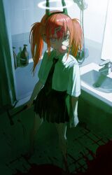Rule 34 | 1girl, arms at sides, barefoot, bathroom, bathtub, black necktie, black skirt, blood, blood on leg, blue eyes, blowing bubbles, collared shirt, commentary, drain (object), fake horns, faucet, frost fog, hair between eyes, hair ornament, hairclip, halo, hammer, highres, holding, holding hammer, holding weapon, horns, improvised weapon, indoors, looking at viewer, miniskirt, mirror, necktie, orange eyes, orange hair, original, pleated skirt, pool of blood, ringed eyes, school uniform, shirt, shirt tucked in, shower curtain, sidelocks, sink, skirt, soap bottle, solo, symbol-only commentary, twintails, two-tone eyes, weapon, white shirt