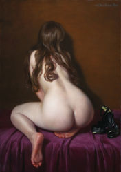 Rule 34 | 1girl, ass, barefoot, brown hair, commentary request, completely nude, feet, from behind, full body, indoors, kneeling, long hair, mishima tetsuya, nude, oil painting (medium), original, painting (medium), photorealistic, pinup (style), realistic, shoes, unworn shoes, signature, sitting, solo, tagme, traditional media, yokozuwari