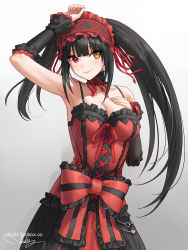 Rule 34 | 1girl, arm up, armpits, bare shoulders, black hair, blush, breasts, cleavage, clock eyes, collarbone, commentary request, cowboy shot, date a live, dress, gothic lolita, gradient background, grey background, hairband, heterochromia, highres, lolita fashion, lolita hairband, long hair, looking at viewer, medium breasts, nhaliz, red eyes, red ribbon, ribbon, sleeveless, sleeveless dress, smile, solo, symbol-shaped pupils, tokisaki kurumi, twintails, white background, yellow eyes