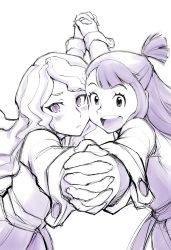 Rule 34 | 2girls, blush, closed mouth, diana cavendish, frown, highres, holding hands, interlocked fingers, kagari atsuko, little witch academia, long hair, looking at viewer, monochrome, multiple girls, open mouth, school uniform, simple background, smile, teeth, ueyama michirou, upper teeth only, wavy hair, white background