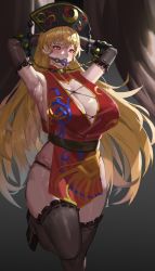 Rule 34 | 1girl, absurdres, armpits, bdsm, blonde hair, bondage, bound, breasts, cleavage, crescent, elbow gloves, gloves, heart, heart-shaped pupils, highres, junko (touhou), large breasts, long hair, oreomanko, panties, phoenix crown, red eyes, solo, symbol-shaped pupils, tabard, thighhighs, touhou, underwear