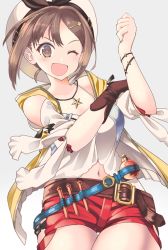 Rule 34 | 1girl, ;d, aroha j, atelier (series), atelier ryza, atelier ryza 1, belt, blush, brown eyes, brown gloves, brown hair, gloves, grey background, hair ornament, hairclip, hat, highres, jewelry, looking at viewer, navel, necklace, one eye closed, open mouth, red shorts, reisalin stout, short hair, short shorts, shorts, simple background, single glove, smile, solo, star (symbol), thighs, white hat