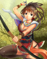 Rule 34 | 1girl, armpits, arrow (projectile), bad id, bad pixiv id, bow, bow (weapon), breasts, brown eyes, brown hair, bushin renkei zero, cape, cleavage, fur, fur cape, huaman, large breasts, long hair, shijima (tanfn), smile, solo, thighhighs, weapon