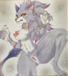 Rule 34 | 1girl, alternate form, animal ears, anus, armlet, bracelet, breasts, cat ears, cat girl, cat tail, claws, colored sclera, earrings, fangs, furry, highres, isabella (seiken densetsu 3), jewelry, necklace, nipples, painting (medium), purple fur, purple hair, pussy, red sclera, ring, seiken densetsu, seiken densetsu 3, slit pupils, tail, traditional media, watercolor (medium)