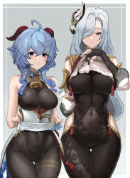 Rule 34 | 2girls, :|, absurdres, ahoge, armor, armpit crease, bare shoulders, bell, black bodysuit, black gloves, black legwear, blue eyes, blue hair, blush, bodystocking, bodysuit, braid, breasts, chinese knot, chroong, closed mouth, clothing cutout, commentary request, covered navel, cowbell, crop top, crop top overhang, curled horns, detached sleeves, elbow gloves, expressionless, fingernails, ganyu (genshin impact), genshin impact, gloves, gluteal fold, goat horns, gold trim, gradient background, grey background, hair between eyes, hair ornament, hair over one eye, highres, hip vent, horns, korean commentary, large breasts, leotard, leotard under clothes, lifting own clothes, long hair, long sleeves, looking at viewer, low-braided long hair, low-tied long hair, medium breasts, messy hair, multiple girls, navel, neck bell, pantyhose, partially fingerless gloves, pelvic curtain, puffy long sleeves, puffy sleeves, purple eyes, revision, shenhe (genshin impact), shoulder cutout, side cutout, sidelocks, silver hair, simple background, smile, standing, tabard, tassel, thigh gap, thighlet, very long hair, waist cape, wavy hair, white sleeves