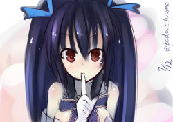 Rule 34 | 10s, 1girl, artist name, bare shoulders, black hair, blush, breasts, finger to mouth, gloves, hair ornament, long hair, looking at viewer, neptune (series), noire (neptunia), open mouth, padocchi (kurokitsune), red eyes, ribbon, sketch, solo, twintails