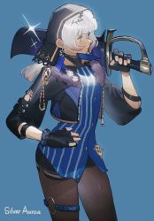 Rule 34 | 1girl, black gloves, black jacket, black pantyhose, blue background, blue eyes, blue shirt, closed mouth, commentary, cowboy shot, cropped jacket, fingerless gloves, fur-trimmed jacket, fur trim, gloves, gradient hair, habit, hand on own hip, hand up, highres, holding, holding sword, holding weapon, jacket, long hair, long sleeves, multicolored hair, noco (pixiv14976070), open clothes, open jacket, original, over shoulder, pantyhose, pink hair, shirt, simple background, solo, sparkle, striped clothes, striped shirt, sword, sword over shoulder, thigh strap, weapon, weapon over shoulder, white hair