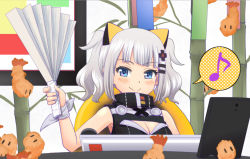 Rule 34 | 1girl, animal ears, blue eyes, blush, cat ears, cleavage cutout, closed mouth, clothing cutout, commentary request, d-pad, d-pad hair ornament, dress, fake animal ears, folding fan, hair ornament, hairclip, hand fan, haniwa (leaf garden), highres, holding, kaguya luna, looking at viewer, ribbon, shrimp, silver hair, sitting, sleeveless, sleeveless dress, smile, solo, the moon studio, virtual youtuber, wrist ribbon