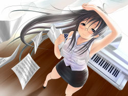 Rule 34 | 1girl, beamed quavers, black eyes, black hair, from above, glasses, instrument, md5 mismatch, musical note, original, piano, resolution mismatch, retsumaru, sheet music, solo, source larger, wind