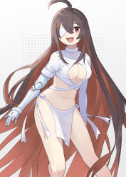 Rule 34 | 1girl, :d, absurdres, ahoge, alchemy stars, black hair, breasts, brown hair, cleavage, colored inner hair, crop top, dongbu, eve (alchemy stars), evolved virgin killer sweater, eyepatch, fundoshi, highres, japanese clothes, long hair, long sleeves, looking at viewer, medium breasts, meme attire, midriff, multicolored hair, navel, no bra, open mouth, prosthesis, prosthetic arm, red eyes, revealing clothes, ribbed sweater, side-tie bottom, smile, solo, standing, stomach, sweater, thighs, very long hair, white sweater