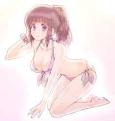 Rule 34 | 1girl, all fours, barefoot, bikini, black hair, bluez, blunt bangs, breasts, chitanda eru, cleavage, collarbone, commentary request, full body, hair ornament, hair scrunchie, halterneck, hyouka, long hair, looking at viewer, medium breasts, multicolored bikini, multicolored clothes, navel, pink scrunchie, ponytail, purple eyes, purple scrunchie, scrunchie, side-tie bikini bottom, smile, solo, split mouth, swimsuit, wrist scrunchie