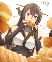 Rule 34 | 10s, 1girl, bare shoulders, black gloves, black hair, bread, breasts, doughnut, dutch angle, eating, elbow gloves, enosan, fingerless gloves, food, gloves, hair between eyes, headgear, highres, kantai collection, large breasts, long hair, nagato (kancolle), open mouth, red eyes, simple background, solo, translation request, white background