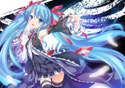 Rule 34 | 1girl, 47agdragon, blue eyes, blue hair, breasts, detached sleeves, dress, feathers, hair ribbon, hatsune miku, long hair, matching hair/eyes, open mouth, outstretched arm, ribbon, small breasts, solo, thighhighs, twintails, very long hair, vocaloid
