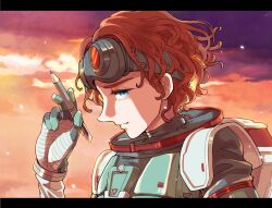 Rule 34 | 1girl, animification, apex legends, blue eyes, brown hair, commentary request, freckles, from side, gloves, hair behind ear, holding, holding pen, horizon (apex legends), letterboxed, looking at viewer, mononobex, pen, portrait, profile, sad, short hair, solo, spacesuit, sunset