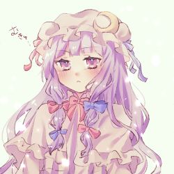 Rule 34 | 1girl, :&lt;, blue bow, blush, bow, capelet, crescent, dress, grey background, hair bow, hair ornament, hat, hayu (hayu e), highres, long hair, looking at viewer, mob cap, patchouli knowledge, purple eyes, purple hair, ribbon, simple background, solo, touhou, upper body