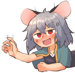 Rule 34 | 1girl, anger vein, animal ears, blue capelet, blush, capelet, clenched hand, commentary request, greenpiecerice, grey hair, grey vest, lying, medium bangs, medium hair, mouse ears, mouse girl, nazrin, nose blush, on stomach, open mouth, reaching, red eyes, shirt, simple background, solo, touhou, upper body, vest, white background, white shirt