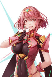 Rule 34 | 1girl, :d, armor, breasts, commentary, covered navel, earrings, english commentary, facing viewer, fingerless gloves, gloves, headpiece, highres, index finger raised, jewelry, large breasts, nintendo, open mouth, pyra (xenoblade), red eyes, red hair, red shorts, redpoke, short hair, shorts, shoulder armor, smile, standing, swept bangs, tiara, xenoblade chronicles (series), xenoblade chronicles 2