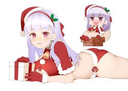 Rule 34 | 1girl, ass, azur lane, bell, bikini, blunt bangs, blush, boots, breasts, cap105, capelet, carrying over shoulder, chimney, christmas, collar, commentary request, cowboy shot, dido (azur lane), full body, fur-trimmed capelet, fur-trimmed footwear, fur-trimmed gloves, fur trim, furrowed brow, gift, gloves, hair ornament, hairband, hat, highres, holding, holding gift, holding sack, holly hair ornament, large breasts, long hair, looking at viewer, lying, midriff, multiple views, neck bell, nose blush, on stomach, open mouth, purple eyes, red bikini, red capelet, red footwear, red gloves, red hairband, red headwear, sack, santa bikini, santa hat, sidelocks, silver hair, simple background, sitting, smile, stuck, sweat, swimsuit, tilted headwear, underboob, white background