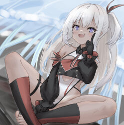 Rule 34 | 1girl, :d, azur lane, bare shoulders, between legs, black gloves, blush, breasts, buttons, commentary request, crop top, cross, crossed legs, dark-skinned female, dark skin, detached collar, double-breasted, fang, full body, gloves, hair between eyes, hair ribbon, hand between legs, hand up, index finger raised, iron cross, jellyfish, legs, light brown hair, long hair, looking at viewer, midriff, midriff peek, mumei shumi, off-shoulder jacket, off shoulder, open mouth, purple eyes, ribbon, side ponytail, small breasts, smile, solo, spread legs, striped ribbon, swimsuit, swimsuit under clothes, thigh strap, thighs, u-31 (azur lane), very long hair