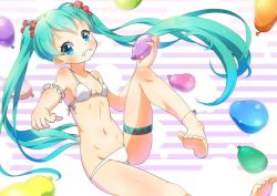 Rule 34 | 1girl, anklet, aqua hair, barefoot, bikini, blue eyes, blush, breasts, collarbone, feet, fuusen neko, grin, hatsune miku, jewelry, legs, long hair, navel, pointing, pointing at viewer, small breasts, smile, solo, swimsuit, toes, twintails, very long hair, vocaloid, water balloon, white bikini