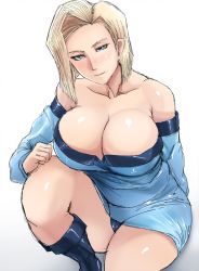Rule 34 | 1girl, android 18, bare legs, bare shoulders, blonde hair, blue dress, blue eyes, blush, boots, breasts, cleavage, clenched hand, collarbone, curvy, dragon ball, dragonball z, dress, female focus, half-closed eyes, head tilt, large breasts, legs, long sleeves, looking at viewer, ogura anko, panties, pantyshot, shadow, shiny clothes, shiny skin, short hair, sitting, smile, solo, strapless, strapless dress, thick thighs, thighs, underwear, white background, wide hips