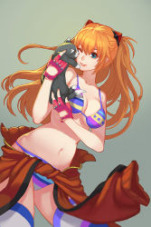 Rule 34 | 1girl, bikini, blue eyes, breasts, cat, catwyz, cleavage, clothes around waist, fingerless gloves, gloves, headgear, highres, jacket, jacket around waist, large breasts, licking, licking another&#039;s face, long hair, nail polish, navel, neon genesis evangelion, one eye closed, orange hair, simple background, smile, solo, souryuu asuka langley, strap gap, swimsuit, thighhighs