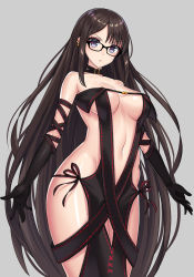 1girl black_dress breasts brown_hair center_opening choker collarbone commentary_request cowboy_shot dress ear_piercing elbow_gloves fate/grand_order fate_(series) female_focus fur_trim glasses gloves grey_background long_hair looking_at_viewer mahou_kyuuri medium_breasts navel piercing red_eyes revealing_clothes solo strapless strapless_dress very_long_hair yu_mei-ren_(fate) yu_mei-ren_(second_ascension)_(fate)