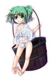 Rule 34 | 1girl, barefoot, blush, bucket, child, feet, female focus, flat chest, front-tie top, fundoshi, green eyes, green hair, hair bobbles, hair ornament, japanese clothes, kisume, matching hair/eyes, mizu happi, navel, shirt, solo, tec, tied shirt, toes, touhou, twintails