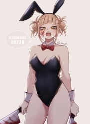 Rule 34 | 1girl, animal ears, bags under eyes, bare shoulders, black leotard, blonde hair, blood, bloody knife, boku no hero academia, bow, bowtie, breasts, cleavage, detached collar, double bun, fake animal ears, fangs, hair bun, highleg, highleg leotard, highres, holding, holding knife, kitchen knife, knife, leotard, looking at viewer, medium breasts, messy hair, nashimo (drz n), open mouth, playboy bunny, rabbit ears, red bow, red bowtie, slit pupils, solo, strapless, strapless leotard, thick thighs, thighs, toga himiko, wrist cuffs, yellow eyes