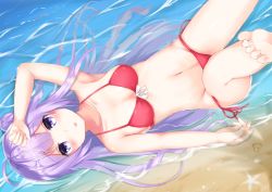 Rule 34 | 1girl, ahoge, aokabi (aokabic), arm up, armpits, azur lane, barefoot, bikini, breasts, cleavage, collarbone, day, from above, front-tie bikini top, front-tie top, halterneck, heart, leg up, long hair, looking at viewer, lying, on back, outdoors, purple eyes, red bikini, red ribbon, ribbon, side-tie bikini bottom, silver hair, small breasts, soles, solo, swimsuit, unicorn (azur lane), very long hair