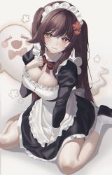 Rule 34 | 1girl, :3, alternate costume, apron, bad id, bad twitter id, black dress, black footwear, blush, boo tao (genshin impact), bow, bowtie, breasts, brown hair, cleavage, closed mouth, dress, enmaided, flower, frilled apron, frills, genshin impact, ghost, grey background, gusim, hair flower, hair ornament, hand up, highres, hu tao (genshin impact), juliet sleeves, large breasts, long hair, long sleeves, looking at viewer, maid, maid apron, maid headdress, plum blossoms, puffy sleeves, red bow, red bowtie, red flower, sidelocks, simple background, sitting, socks, solo, sweat, twintails, wariza, white apron, white socks