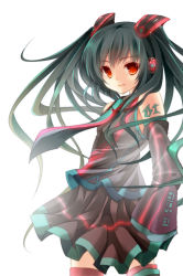 Rule 34 | 1girl, alternate color, bad id, bad pixiv id, cowboy shot, detached sleeves, female focus, green hair, hatsune miku, long hair, necktie, red eyes, shoulder tattoo, simple background, skirt, solo, tattoo, twintails, vocaloid, white background, yonema