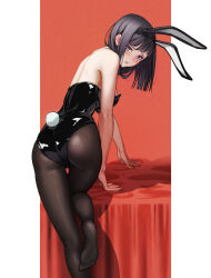 Rule 34 | 1girl, alternate costume, animal ears, ass, bare shoulders, black hair, black hairband, black leotard, black pantyhose, breasts, c-eye, commentary request, fake animal ears, fake tail, from behind, hairband, highres, hyuuga hinata, large breasts, leaning forward, leotard, looking at viewer, looking back, naruto, naruto (series), no shoes, pantyhose, parted lips, pillarboxed, playboy bunny, purple eyes, rabbit ears, rabbit tail, soles, solo, standing, standing on one leg, tail, toes