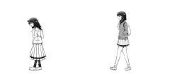 Rule 34 | 2girls, bag, blazer, bookbag, cardigan, earphones, from side, greyscale, hands in pockets, jacket, kuroki tomoko, long skirt, low twintails, monochrome, multiple girls, pantyhose, pleated skirt, profile, school uniform, shoes, simple background, skirt, socks, standing, tamura yuri, twintails, watashi ga motenai no wa dou kangaetemo omaera ga warui!, white background, yokochou