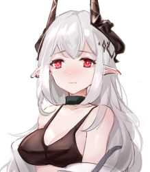 Rule 34 | 1girl, arknights, bare shoulders, black bra, black choker, bra, breasts, choker, cleavage, commentary request, horns, infection monitor (arknights), long hair, looking at viewer, medium breasts, mudrock (arknights), mudrock (elite ii) (arknights), pointy ears, qianzhu, red eyes, silver hair, simple background, solo, underwear, upper body, white background
