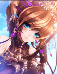 Rule 34 | 1girl, armor, artist request, blue eyes, blush, breasts, brown hair, cleavage cutout, clothing cutout, detached sleeves, earrings, hair ornament, headdress, holding, holding weapon, jewelry, long hair, official art, phantom of the kill, qinglong yanyue dao, sky, weapon