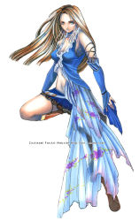 Rule 34 | 00s, 1girl, bare shoulders, blue eyes, boots, breasts, brown hair, cleavage, detached sleeves, female focus, final fantasy, final fantasy x, final fantasy x-2, full body, jewelry, lenne (ff10), long hair, microskirt, midriff, navel, necklace, skirt, solo, white background, zin amami